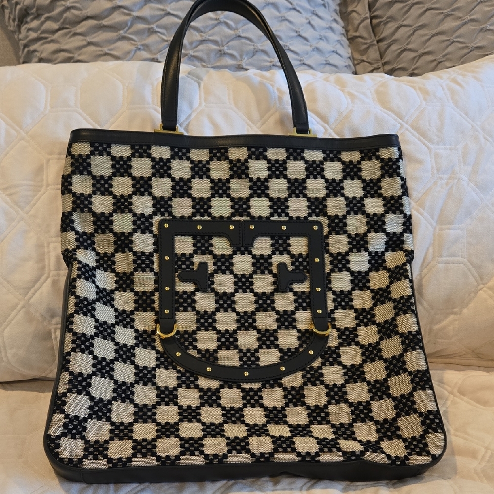 Furla Brand Checkered Black Leather and Tan Linen Tote Bag 15x16. As New